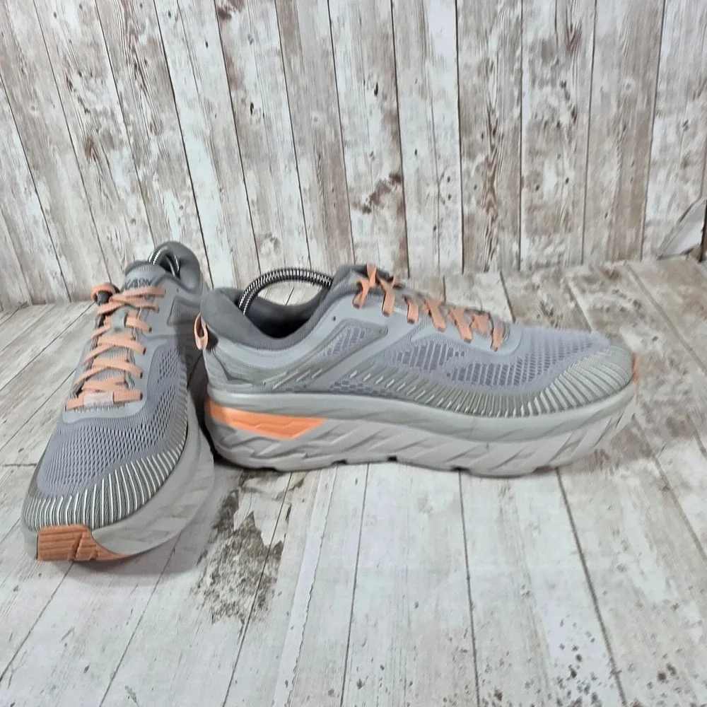 Hoka One One Bondi 7 Harbor Mist Sharkskin Grey Orange Running Shoes Womens 10